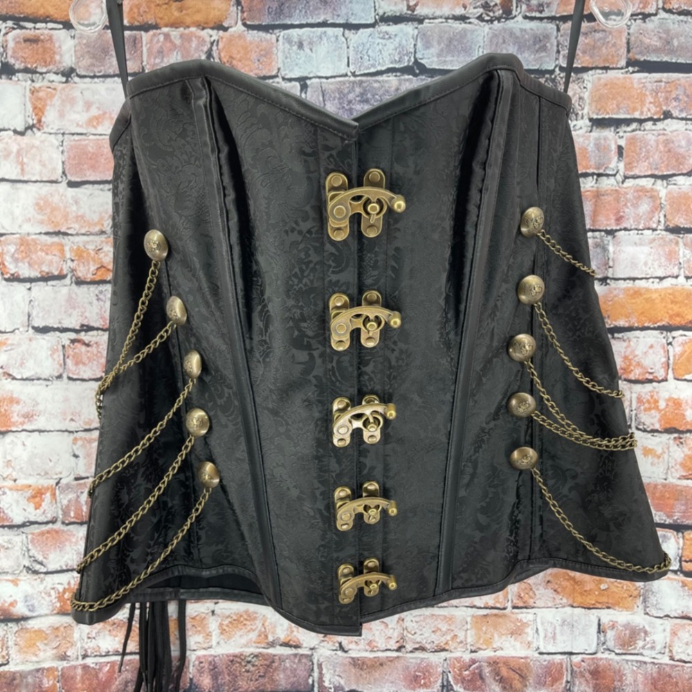 Steampunk Black Damask Jacquard Chain Corset Top Women 6XL Brass Swing Clasp